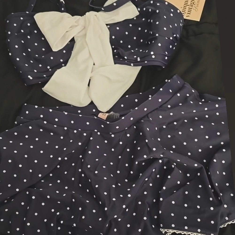 Unique Vintage Navy Polka Dot High-Waist Bikini Set with Cream Bow